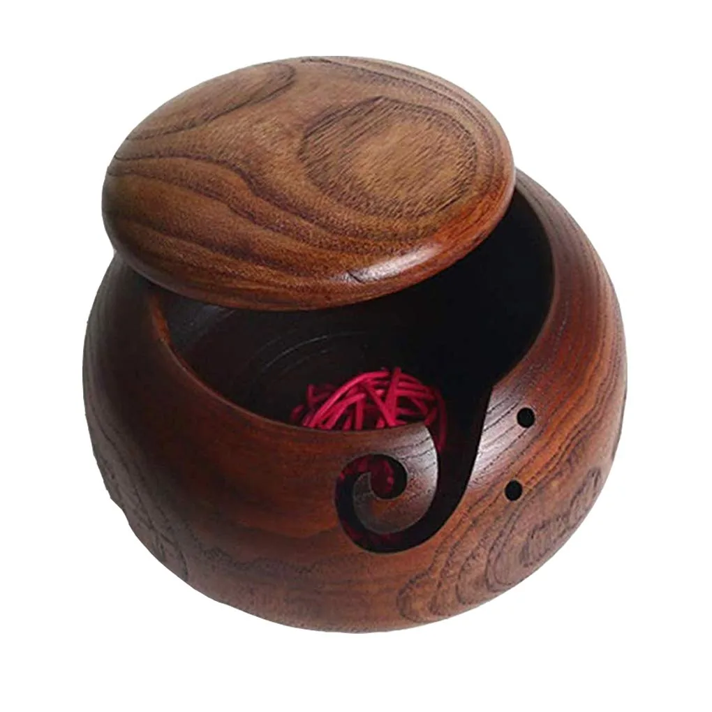 Bol en bois JasCherry avec trous sculptés pour fil à tricoter et crocheter