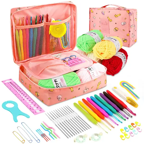 Kit crochet ergonomique débutant adulte avec laine ciseaux sac rose