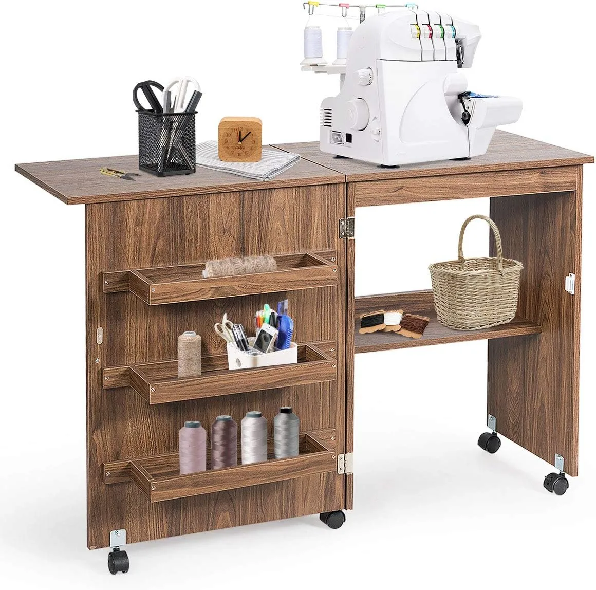 Table de couture pliable à roulettes avec 4 étagères de rangement