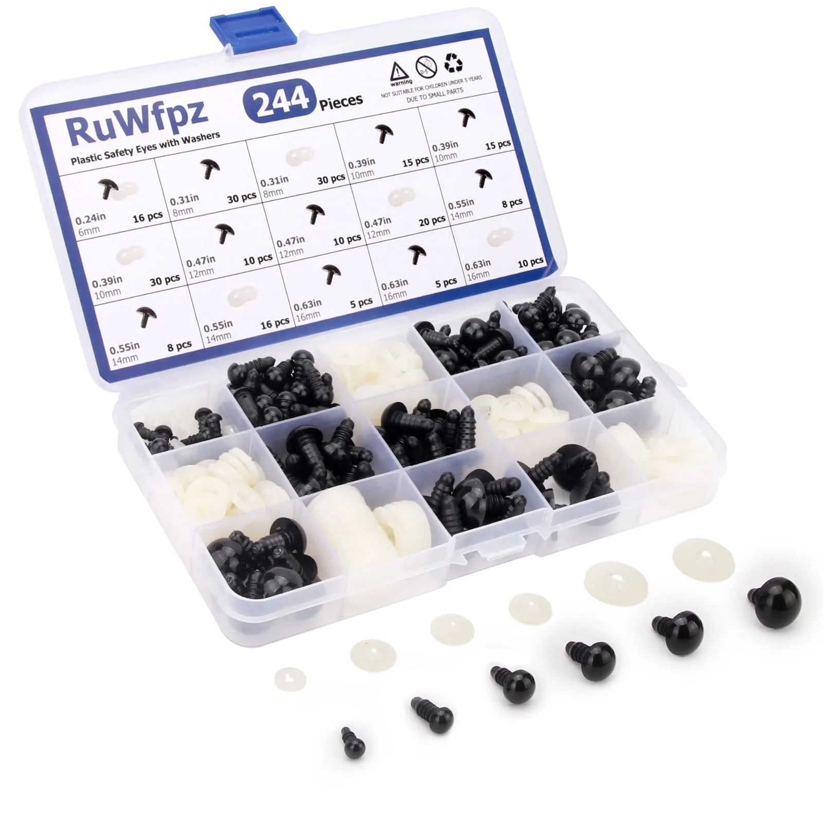 244 yeux de sécurité amigurumi 6 à 16mm noir plastique avec rondelles