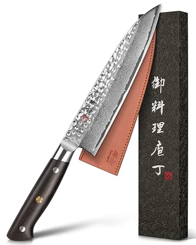 Couteau Santoku Kanngou, acier Damas 67 couches, manche en ébène