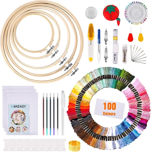MAKEASY kit fils à broder 205 pièces 100 couleurs avec 5 cerceaux