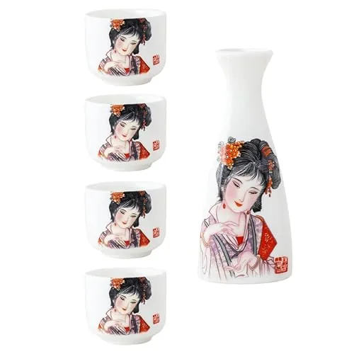 Service à saké japonais en porcelaine, 1 Tokkuri et 4 Ochoko