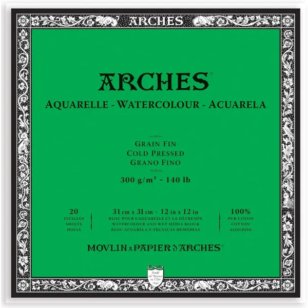 Arches, bloc d'aquarelle 100 % coton de 20 feuilles collé quatre côtés