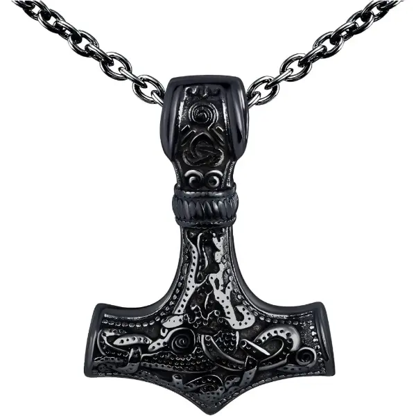 Collier homme avec pendentif marteau de Thor en acier à finition noircie