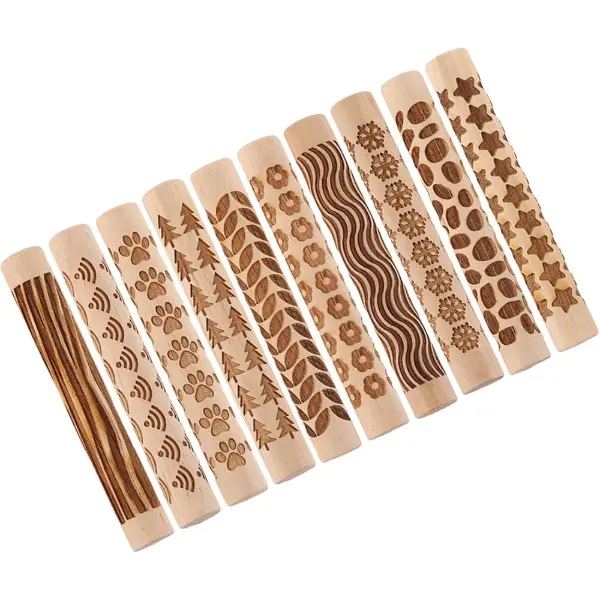 Ensemble de 10 rouleaux en bois à motifs pour texturer l'argile