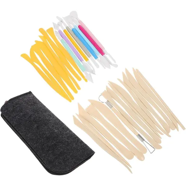 Kit de 30 outils de poterie en plastique et en bois avec pochette de rangement