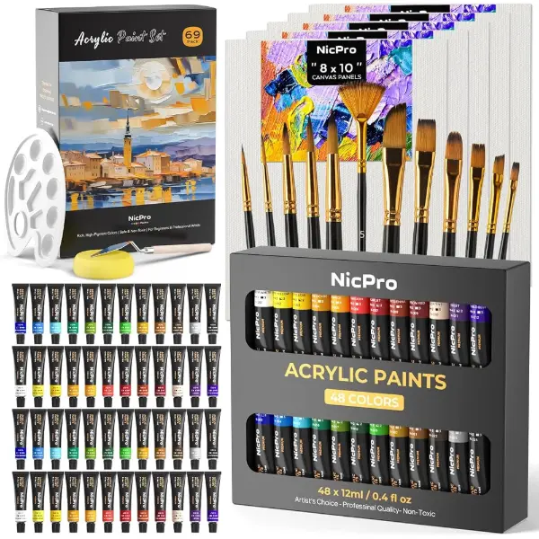 Coffret de peinture acrylique Nicpro 69 pièces avec toiles, pinceaux et palette
