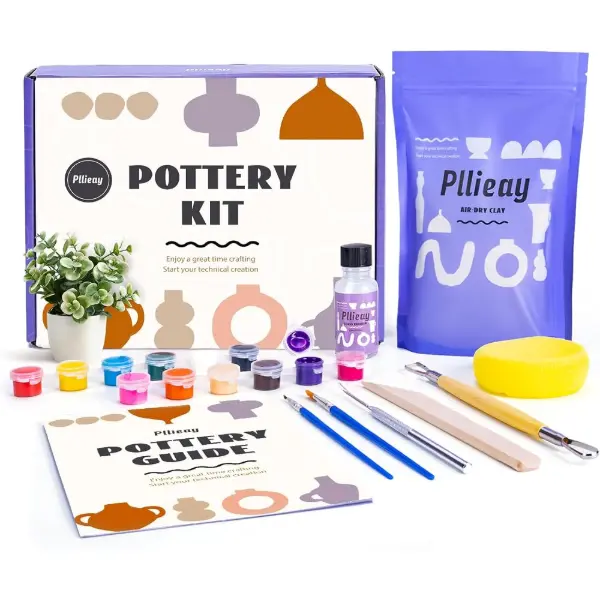 Kit de poterie Pllieay pour adulte avec argile autodurcissante, outils et peintures