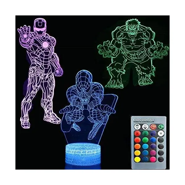 Veilleuse illusion 3D Avengers — Hulk, Iron Man, Spider-Man — idée cadeau Avengers