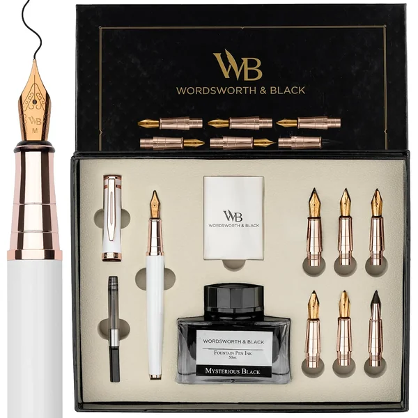 Wordsworth & Black — Coffret de Calligraphie de Luxe — coffret de calligraphie ouvert avec stylo-plume, plumes interchangeables, convertisseur et cartouches d'encre